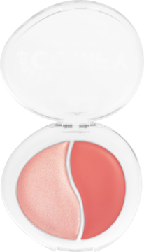 Otwarty, okrągły kompakt z dwoma s-kształtnymi różami: lśniący brzoskwiniowy i matowy koralowy.