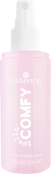 Różowa butelka Essence feelin' COMFY hair & body mist z białym atomizerem, widok frontalny.