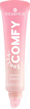 essence COMFY peptide lipgloss w jasnoróżowej tubce, widok z przodu, z pionowym napisem COMFY.