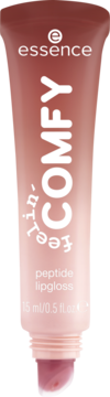Essence Comfy peptide lipgloss w przezroczystej tubce w odcieniu nude, z białym napisem, widok z przodu.