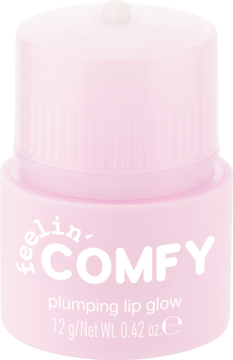 Jasnoróżowy słoiczek Feelin' Comfy plumping lip glow 12g, z matową nakrętką, widok z przodu.