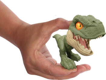 Zielony, groźny dinozaur-zabawka z otwartą paszczą i pomarańczowymi oczami, trzymany w dłoni.