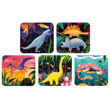 Kolorowe puzzle z dinozaurami: 5 kwadratowych obrazków z T-Rexem, Stegozaurem, Pterodaktylem i innymi gadami.