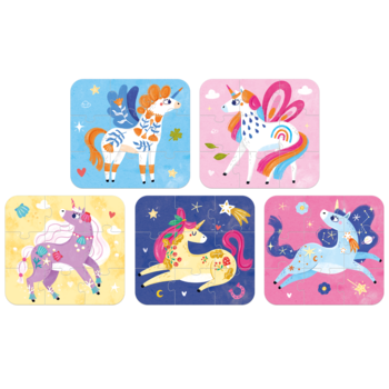 Zestaw pięciu kwadratowych puzzli dla dzieci. Każde puzzle przedstawiają kolorowego jednorożca na innym tle, widok z góry.