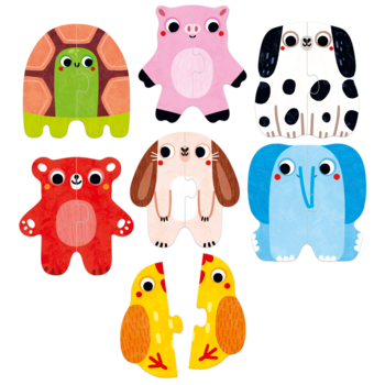 Kolorowe, dwuelementowe drewniane puzzle zwierząt: żółw, świnia, pies, miś, królik, słoń, pisklęta.