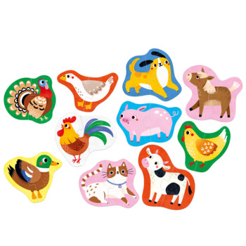 Edukacyjny zestaw: 10 barwnych zwierząt z gospodarstwa domowego, m.in. indyk, krowa, pies, na czarnym tle.