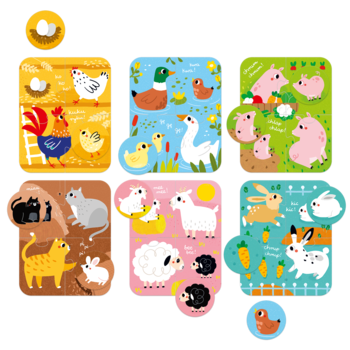 Zestaw 6 kolorowych układanek-puzzli Zwierzątka z gospodarstwa. Ilustracje kur, kaczek, świń, kotów, owiec, królików.