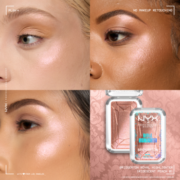 NYX Professional Makeup rozświetlacz Universal Peach. Dwa kompakty i glow na trzech odcieniach skóry, bez retuszu.