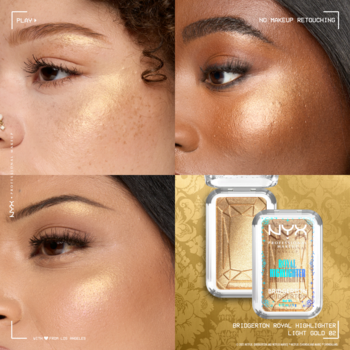 NYX Jumbo Lash! Highlighter Light Gold. Cztery ujęcia: trzy zbliżenia twarzy z rozświetlaczem i srebrne opakowania z reliefem.