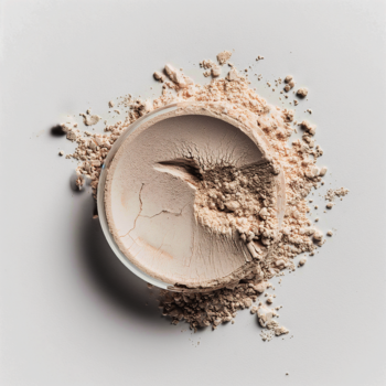 Puder Naturalny z organiczną tapioką: zbliżenie na beżowy, matujący puder w sypkiej formie, rozsypany wokół szklanej miseczki.