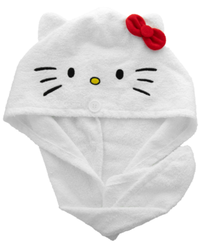 Biały ręcznik do włosów z kapturem Hello Kitty, z haftowaną buzią i czerwoną kokardą, miękki frotte, widok z przodu.