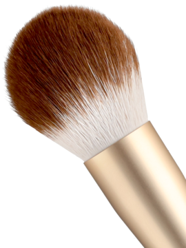 Zbliżenie: Wielofunkcyjny pędzel do pudru Alterra We Love Leo, syntetyczne włosie ombre brązowo-białe, złoty uchwyt z wzorem panterki.