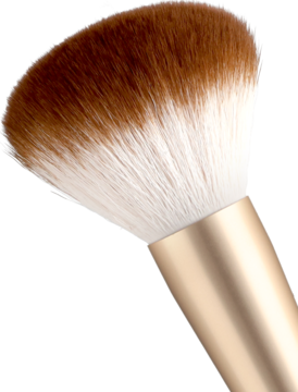 Pędzel do pudru Alterra We Love Leo z okrągłą główką, dwukolorowym włosiem i złotą rączką, zbliżenie pod kątem.