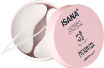 Otwarte różowe opakowanie Isana Korean Skincare Refreshing Eye Patches, z widocznymi białymi, nawilżającymi płatkami.
