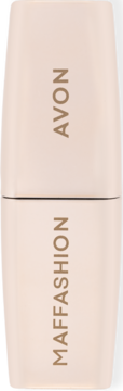 Beżowy sztyft kosmetyczny Avon i Maffashion z brązowymi napisami, widok frontalny, tekst obrócony o 180°.