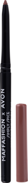 Konturówka do ust Avon Simply Spice, czarna kredka z odkrytą brązową końcówką, widoczne logo MAFFASHION X AVON.