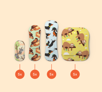 Zestaw 20 plastrów Wild Stripes Kids Sensitive Animal: 4 rozmiary, wzory psów i leniwców na jasnym tle.