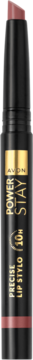 Avon Power Stay matowa pomadka Feisty Fawn, czarny sztyft z wąską, ściętą końcówką do precyzyjnej aplikacji.