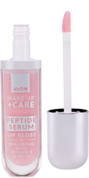 Różowy błyszczyk-serum Avon Peptide Serum Lip Gloss z kwasem hialuronowym i SPF 20, z aplikatorem obok butelki.