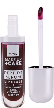 Avon Make Up + Care Peptide Serum Lip Gloss Berry Quench. Otwarta butelka z aplikatorem, SPF 20.