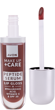 Avon Make Up + Care błyszczyk-serum z peptydami Nourish Nude, otwarty, aplikator obok butelki.