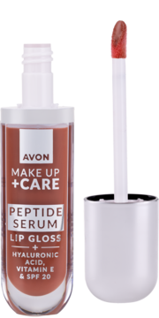 Avon Make Up + Care Peptide Serum Lip Gloss Juicy Peach, aplikator wyjęty, widoczny brzoskwiniowy ton, SPF 20.