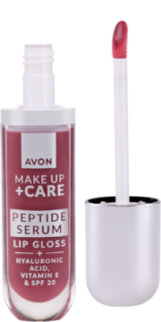 Avon Make Up + Care Peptide Serum Lip Gloss w różowym odcieniu, widok z przodu, z wyciągniętym aplikatorem.