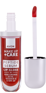 Czerwony błyszczyk-serum Avon Make Up + Care Peptide Lip Gloss SPF 20, z wyciągniętym aplikatorem.