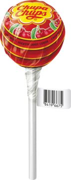 Czerwony lizak Chupa Chups o smaku wiśniowym, z żółtym logo i grafiką wiśni, widok z przodu.