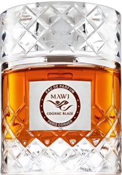 Mawj Cognac Blaze Paris Corner perfumy unisex w fasetowanej butelce z bursztynowym płynem, widok z przodu.