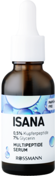 Isana Multipeptide Serum 0,5% peptydy miedziowe, 7% gliceryna w brązowej butelce z zakraplaczem, widok z przodu.