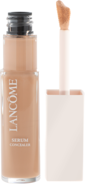 Lancôme Teint Idole Ultra Wear Care & Glow korektor-serum, beżowy, z aplikatorem obok otwartej butelki.