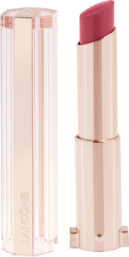 Otwarta pomadka Lancôme Idôle Squalane-12 Butterglow Lisa's Coral Glow, różowo-złota, z wysuniętą, różową szminką.