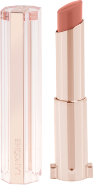 Otwarta pomadka Lancôme Idôle Squalane-12 Butterglow Don't Be Chai, beżowo-brzoskwiniowa, z przezroczystą zatyczką.