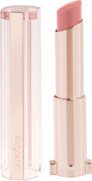 Lancôme Idôle Squalane-12 Butterglow, otwarta, błyszcząca pomadka w beżowym różu, z nakrętką.