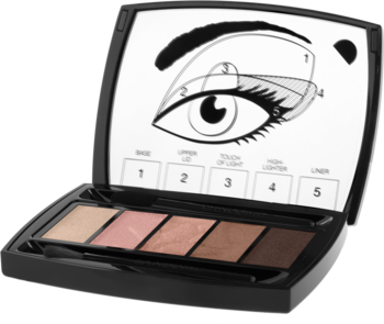 Otwarta paletka cieni Lancôme Hypnôse z 5 beżowo-brązowymi odcieniami i instrukcją makijażu na wieku.