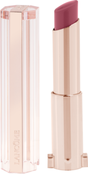 Pomadka Lancôme Idôle Squalane-12 Butterglow Mauve Tivation, sztyft widoczny, obudowa różowo-złota, obok zatyczka.