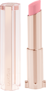 Lancôme Lip Idôle Squalane-12 Butterglow, różowa nawilżająca pomadka w różowo-złotej obudowie, otwarta z capem obok.