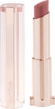 Otwarta nawilżająca pomadka Lancôme Idôle Squalane-12 Butterglow w odcieniu Nude Vibe, z różowo-złotym etui.
