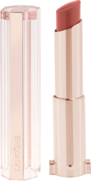 Pomadka Lancôme Idôle Squalane-12 Butterglow The Tea Is Hot, otwarta, z różowo-złotą obudową i fasetowaną zatyczką.
