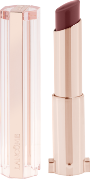 Pomadka Lancôme Idôle Squalane-12 Butterglow Million-Dollar Berry, otwarta, z różowo-złotym opakowaniem i przezroczystą zatyczką.