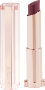 Lancôme Idôle Squalane-12 Butterglow, odcień Mahogany Mauve. Otwarta, z różowo-złotą obudową i widocznym sztyftem.
