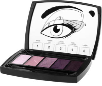 Lancôme Hypnôse Palette, 5 purpurowych cieni do powiek z diagramem aplikacji w otwartej, czarnej paletce.