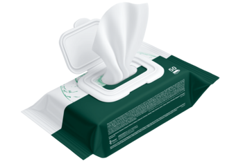 Cleanic Hemp nawilżany papier toaletowy, wegański, ciemnozielone opakowanie z białą pokrywką, otwarte, z chusteczką.