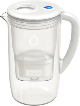Szklany dzbanek filtrujący Prisma 2,5L, biały z niebieskim wskaźnikiem LED i filtrem Dafi, widok z przodu pod kątem.