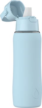 Jasnoniebieska butelka filtrująca Dafi SOLID GLASS SILIKONFIT 0,63l, otwarte wieko i biały ustnik.