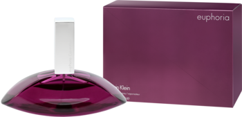 Calvin Klein Euphoria EDP, purpurowa butelka z białym korkiem i prostokątne pudełko, widok z przodu.