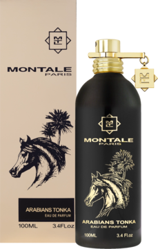 Montale Arabians Tonka EDP w czarnej butelce z rzeźbionym koniem i beżowym pudełku, widok z przodu.
