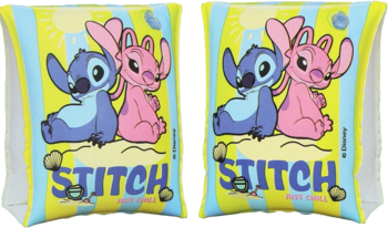Dwa dmuchane rękawki Disney Stitch i Angel, żółto-niebieskie, widok z przodu.