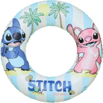 Koło dmuchane Disney ze Stichem i Angel na tle palm, biało-niebieskie pasy, napis STITCH JUST CHILL.